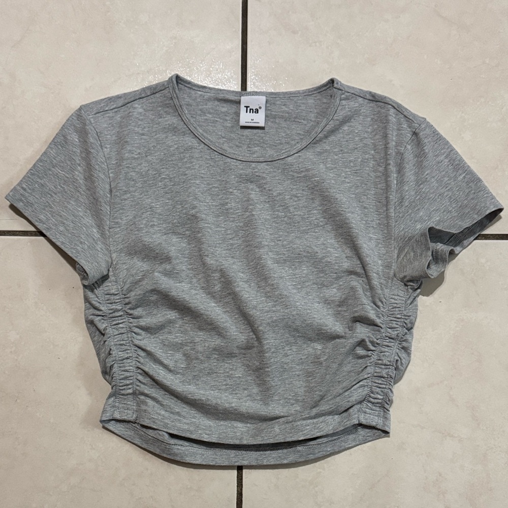 TNA Size Medium Heather Gray Side Cinched Ruched Top Aritzia